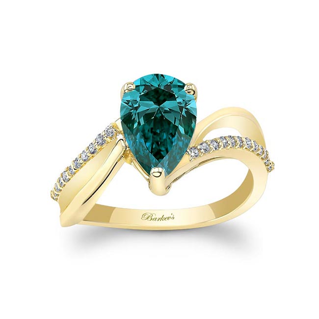 Yellow Gold Split Shank Pear Blue And White Diamond Ring