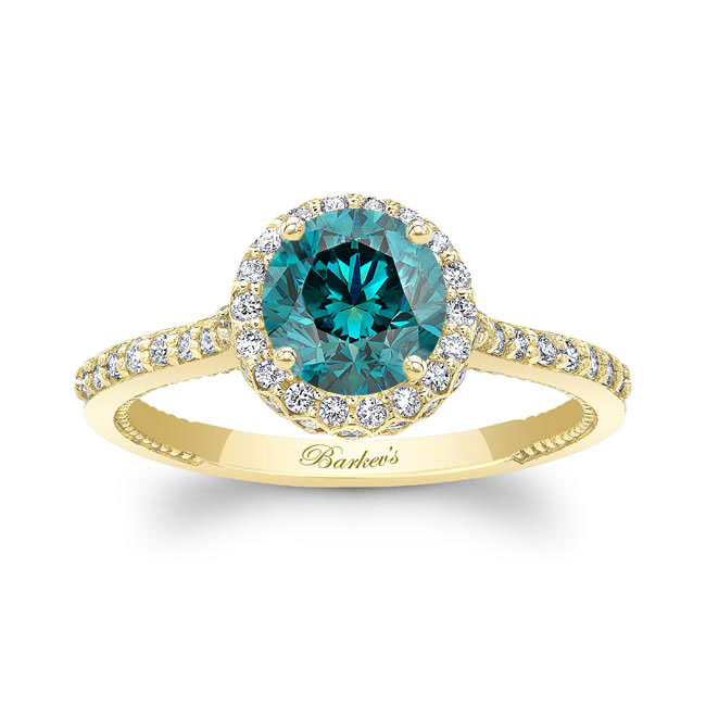 Yellow Gold Round Halo Blue And White Diamond Ring