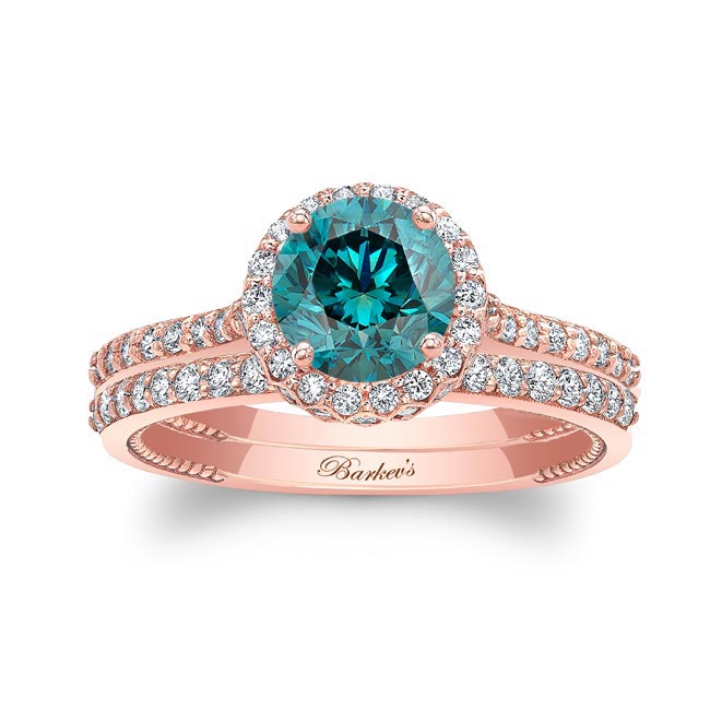 Rose Gold Round Halo Blue And White Diamond Wedding Set