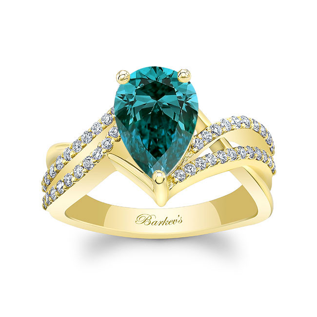 Yellow Gold Blue And White Diamond Teardrop Ring