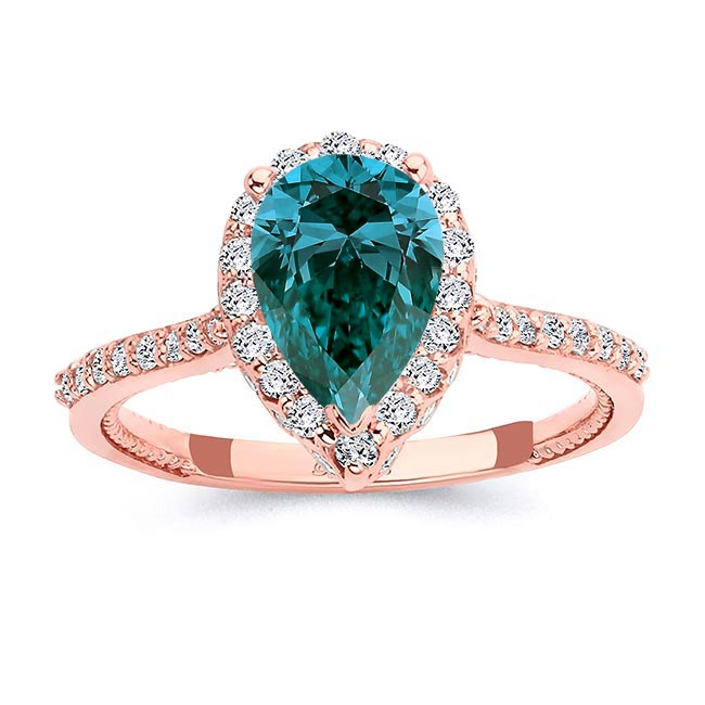 Rose Gold Eva 2 Carat Pear Shaped Blue And White Diamond Halo Ring