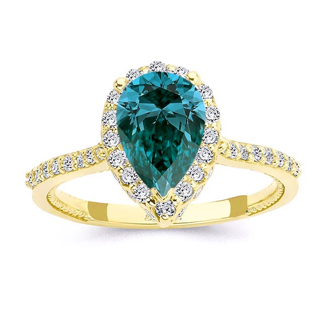 Yellow Gold Eva 2 Carat Pear Shaped Blue And White Diamond Halo Ring