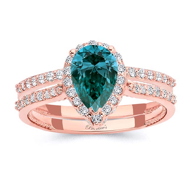 Rose Gold Eva Pear Shaped Blue And White Diamond Halo Ring Set