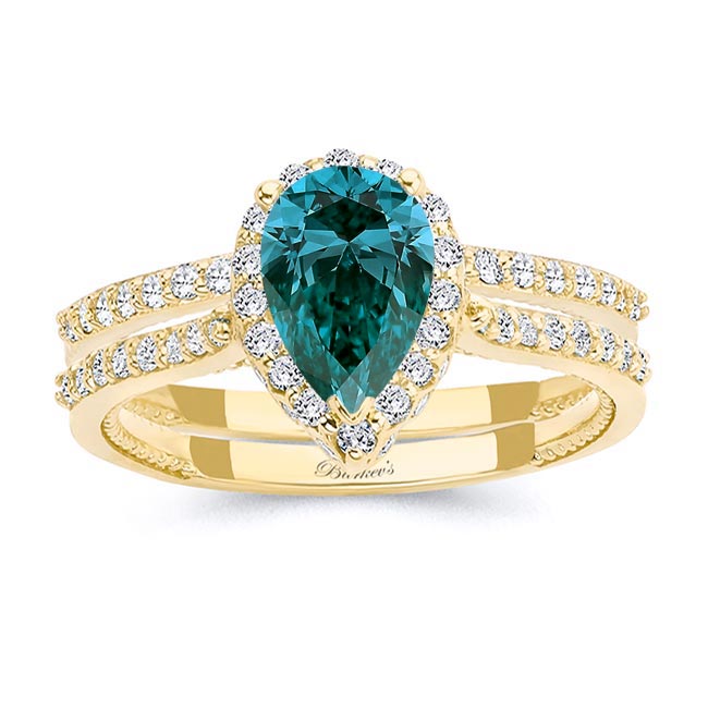 Yellow Gold Eva Pear Shaped Blue And White Diamond Halo Ring Set