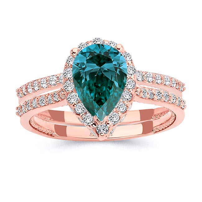 Rose Gold Eva 2 Carat Pear Shaped Blue And White Diamond Halo Ring Set