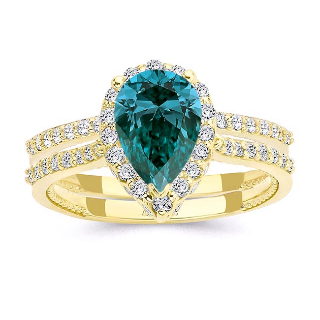 Yellow Gold Eva 2 Carat Pear Shaped Blue And White Diamond Halo Ring Set