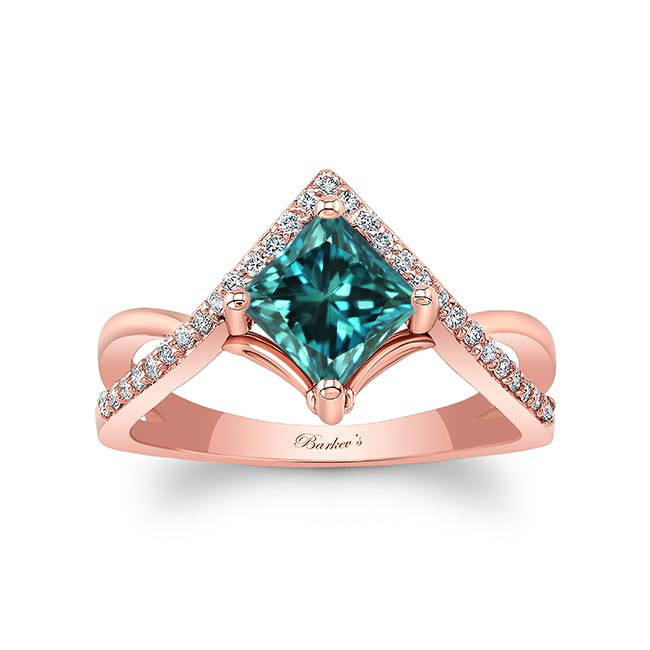 Rose Gold Unique Princess Cut Blue And White Diamond Engagement Ring