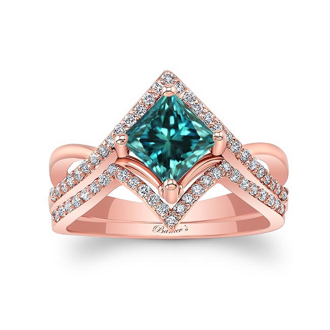 Rose Gold Unique Princess Cut Blue And White Diamond Wedding Set