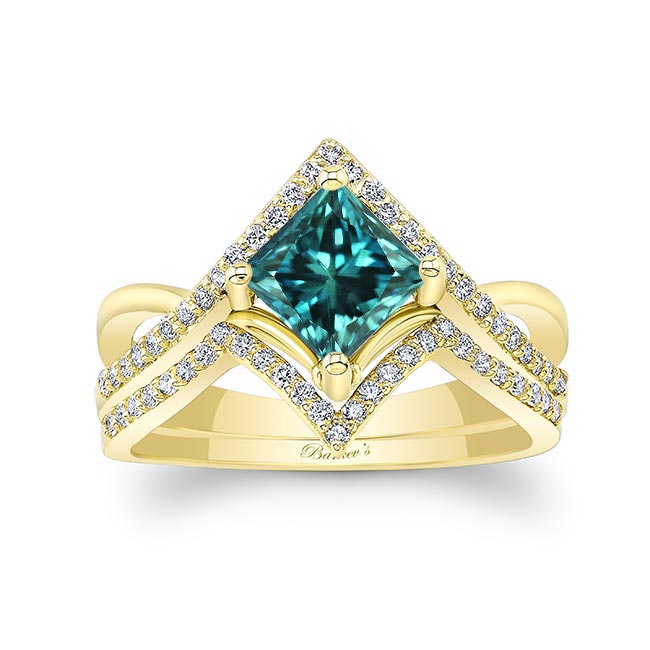 Yellow Gold Unique Princess Cut Blue And White Diamond Wedding Set