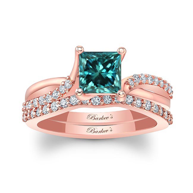 Rose Gold Princess Cut Blue And White Diamond Ring Set