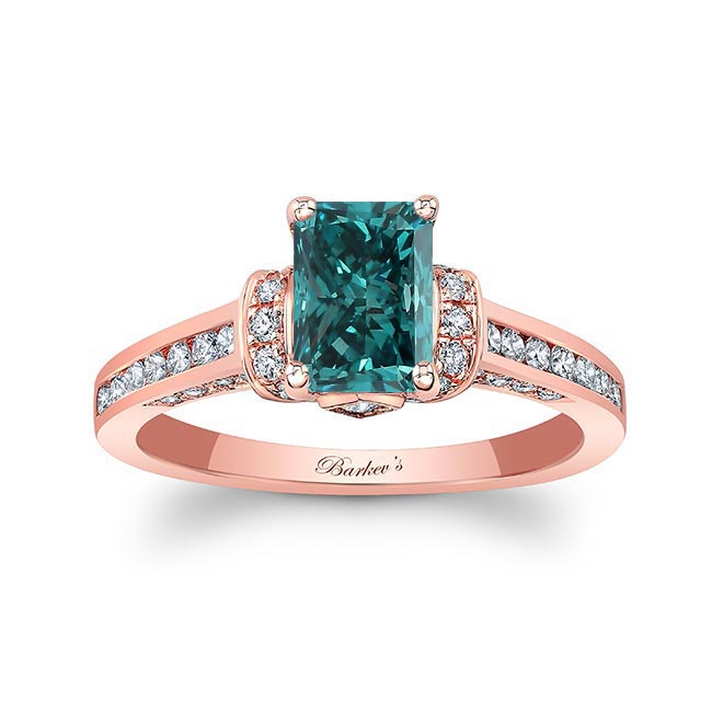 Rose Gold Radiant Cut Blue And White Diamond Ring