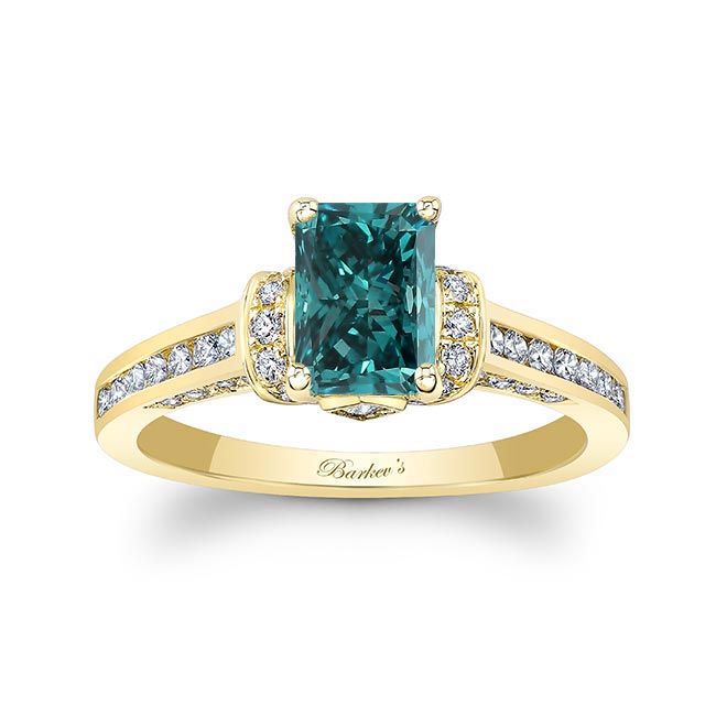 Yellow Gold Radiant Cut Blue And White Diamond Ring