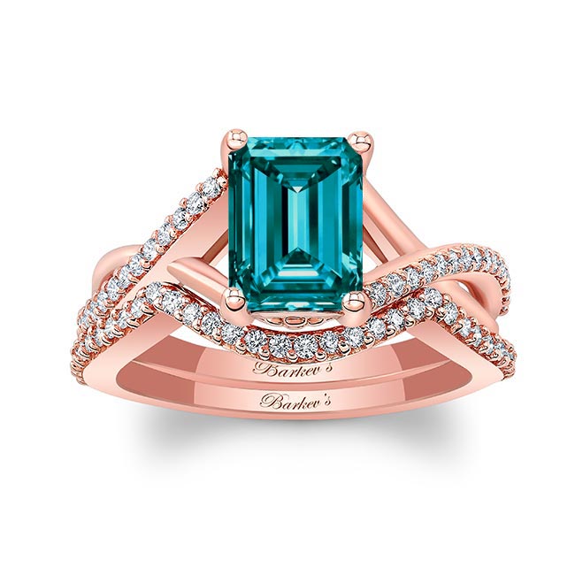 Rose Gold 2 Carat Emerald Cut Blue And White Diamond Ring Set