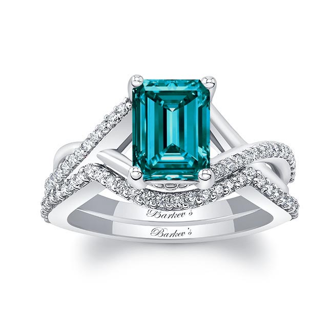 2 Carat Emerald Cut Blue And White Diamond Ring Set