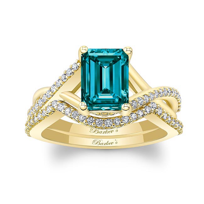 Yellow Gold 2 Carat Emerald Cut Blue And White Diamond Ring Set