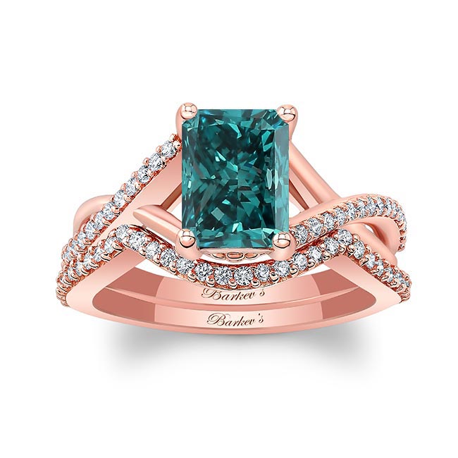 Rose Gold 2 Carat Radiant Cut Blue And White Diamond Ring Set