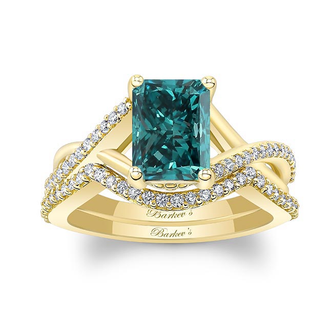 Yellow Gold 2 Carat Radiant Cut Blue And White Diamond Ring Set