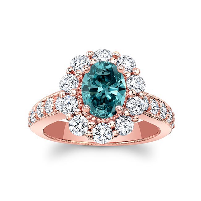 Rose Gold Oval Halo Blue And White Diamond Ring