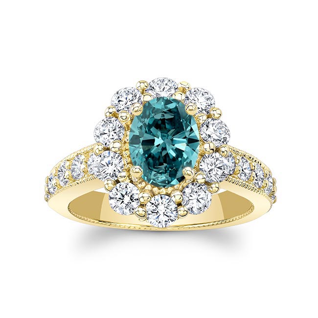 Yellow Gold Oval Halo Blue And White Diamond Ring