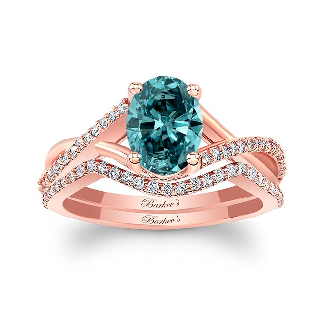 Rose Gold One Carat Oval Blue And White Diamond Bridal Set