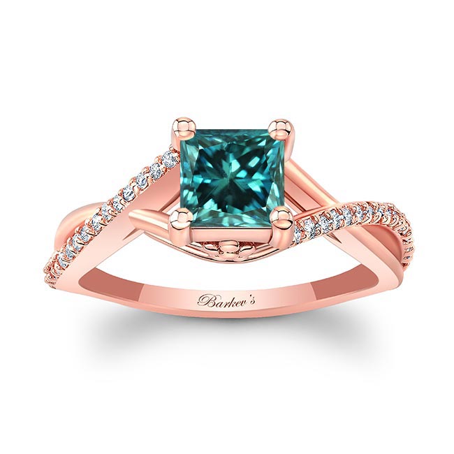 Rose Gold One Carat Princess Cut Blue And White Diamond Ring