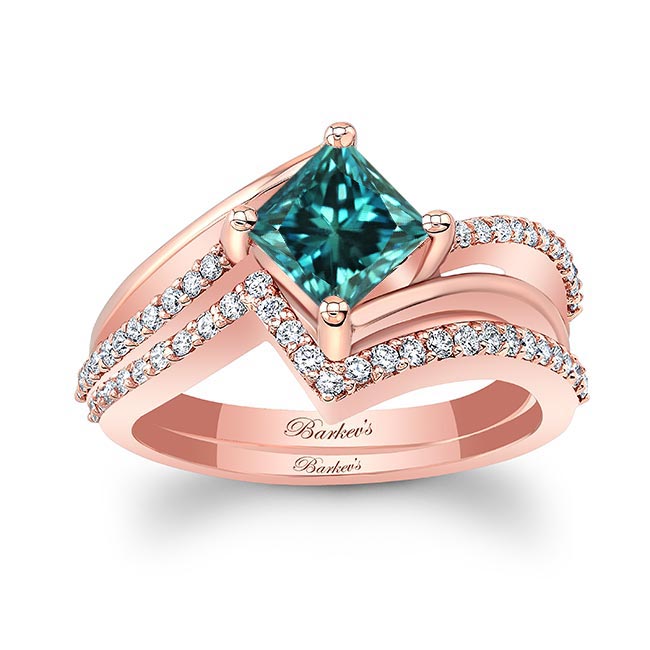 Rose Gold Princess Cut Blue And White Diamond Engagement Ring Set