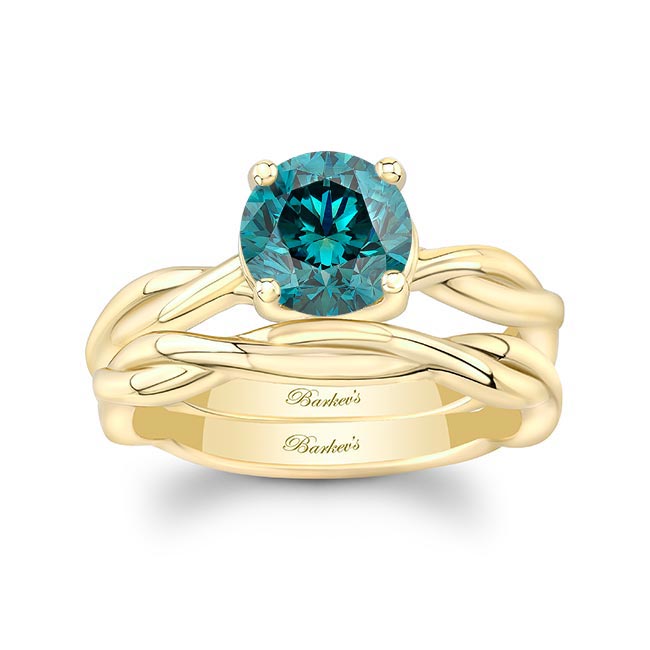 Yellow Gold Blue Diamond Twist Solitaire Bridal Set