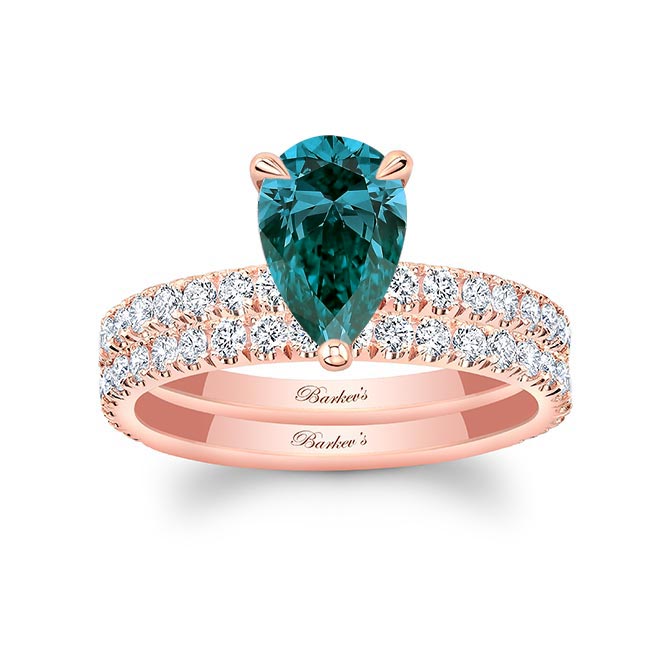 Rose Gold Pear Shape Blue And White Diamond Wedding Set