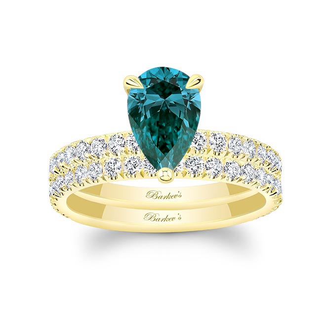 Yellow Gold Pear Shape Blue And White Diamond Wedding Set