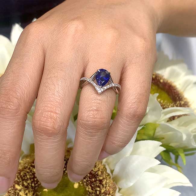 White Gold Unique Pear Shaped Blue Sapphire And Diamond Ring Image 3