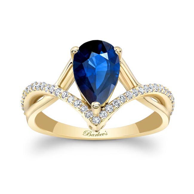 Yellow Gold Unique Pear Shaped Lab Blue Sapphire And Diamond Ring