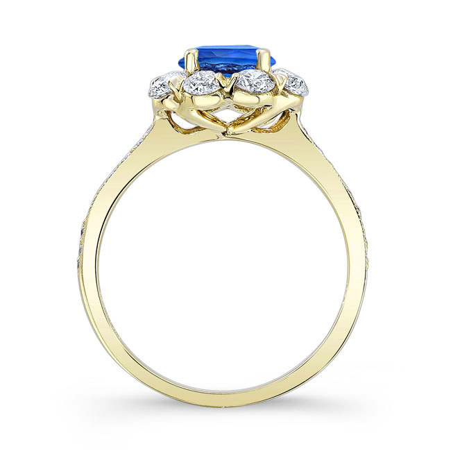 Yellow Gold Flower Halo Blue Sapphire And Diamond Engagement Ring Image 2