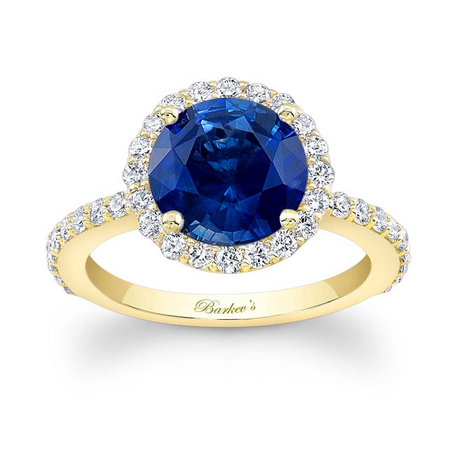 Yellow Gold 2 Carat Halo Sapphire and diamond Engagement Ring