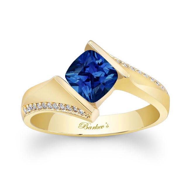 Yellow Gold Blue Sapphire Cushion Cut Ring