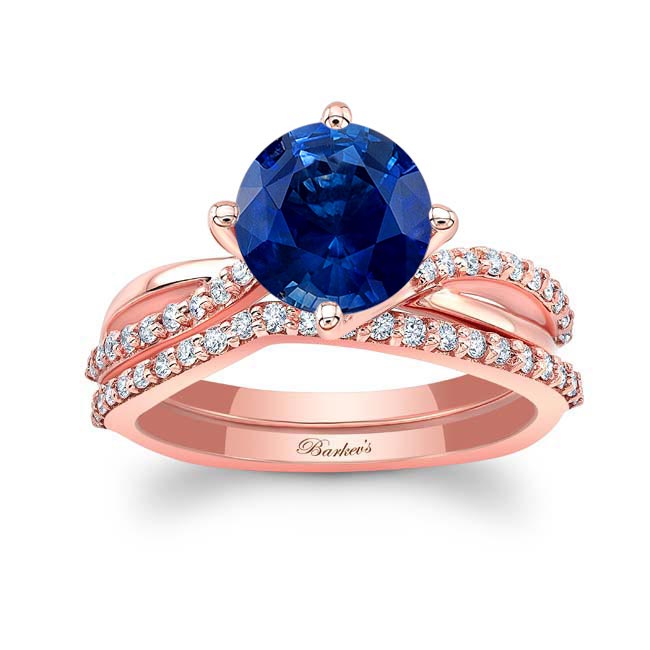 Rose Gold 2 Carat Twisted Lab Grown Blue Sapphire And Diamond Bridal Set