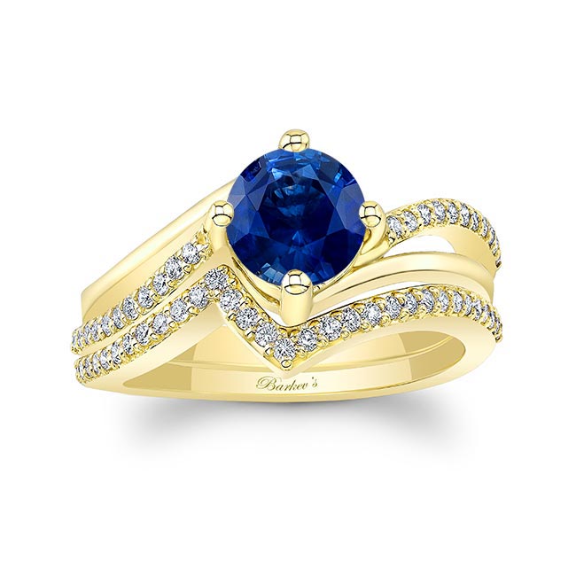 Yellow Gold Lab Blue Sapphire And Diamond Split Shank Wedding Set