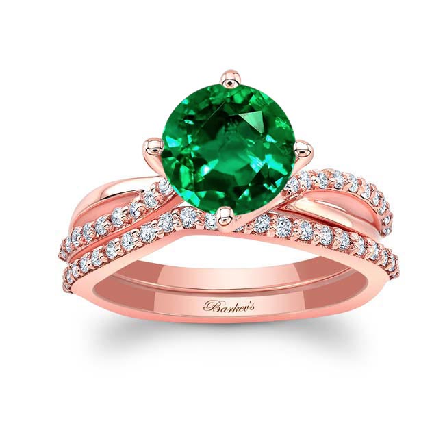 Rose Gold 2 Carat Twisted Emerald And Diamond Bridal Set