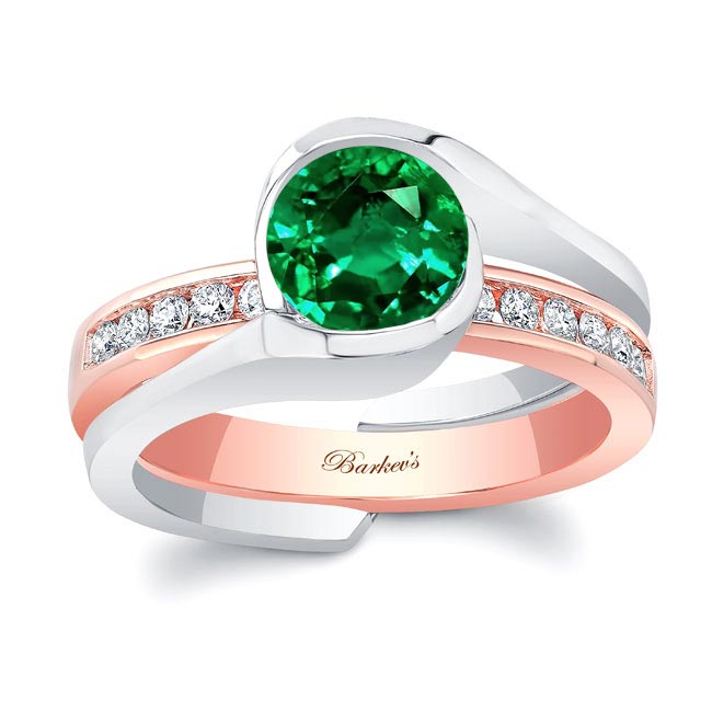 White Rose Gold Half Bezel Lab Grown Emerald And Diamond Interlocking Bridal Set