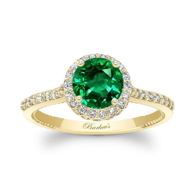 Yellow Gold Round Halo Lab Emerald And Diamond Ring