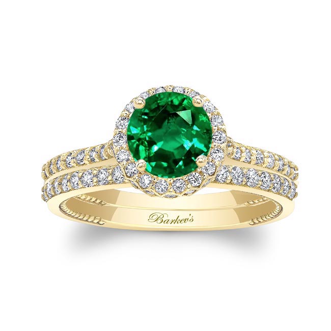 Yellow Gold Round Halo Emerald And Diamond Wedding Set