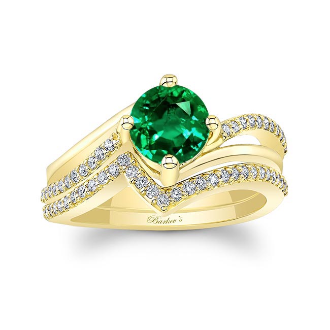 Yellow Gold Emerald And Diamond Split Shank Wedding Set