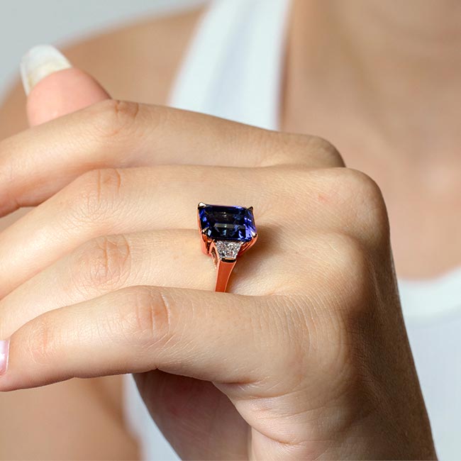 Rose Gold Emerald Cut 5 Carat Lab Blue Sapphire Ring Image 4