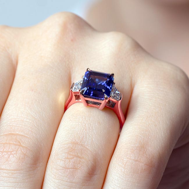 Rose Gold Emerald Cut 5 Carat Lab Blue Sapphire Ring Image 5