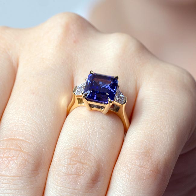 Yellow Gold Emerald Cut 5 Carat Blue Sapphire Ring Image 5