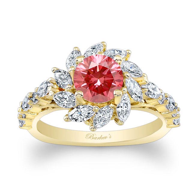 Yellow Gold Lab Grown Pink Diamond Sunflower Engagement Ring