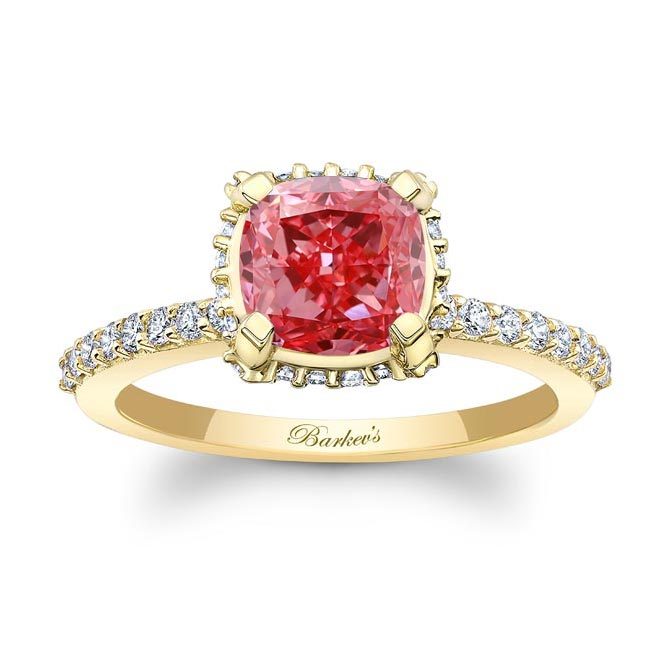 Yellow Gold Cushion Halo Lab Grown Pink Diamond Engagement Ring