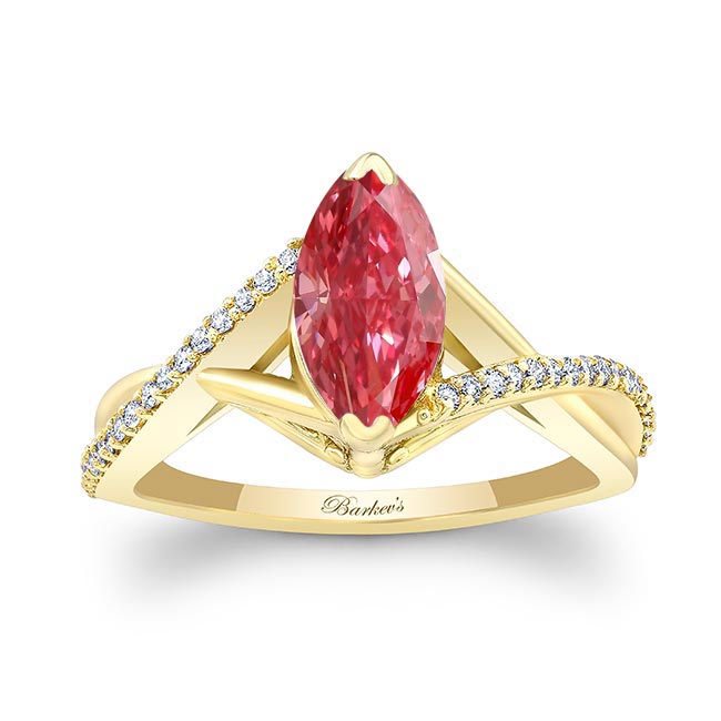 Yellow Gold 1 Carat Marquise Lab Grown Pink Diamond Ring