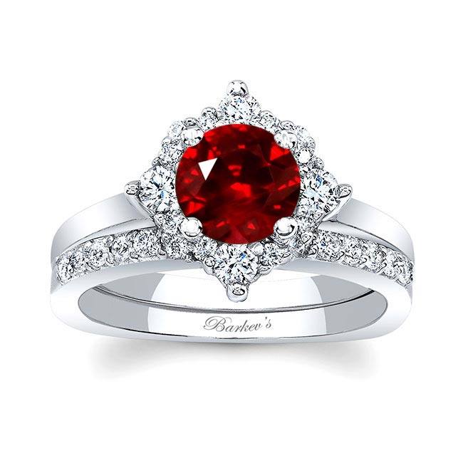 Round Halo Lab Ruby And Diamond Bridal Set