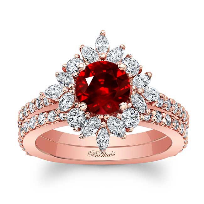 Rose Gold Marquise Halo Lab Ruby And Diamond Wedding Set