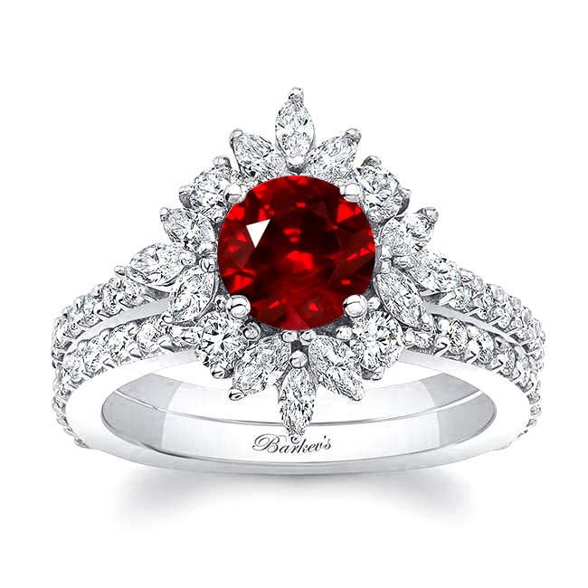 Marquise Halo Lab Ruby And Diamond Wedding Set